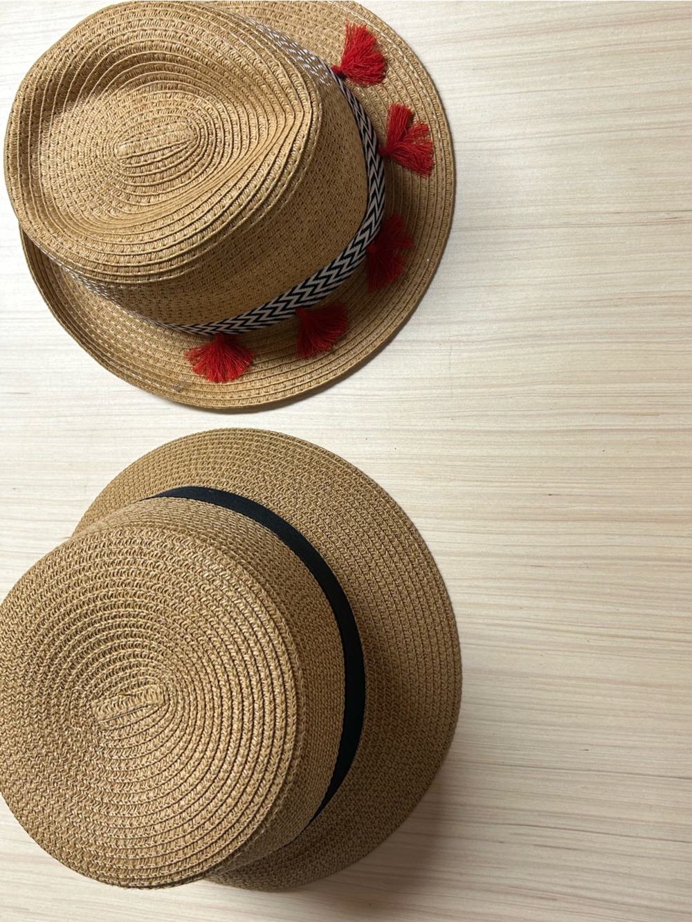 Lot of 2 Women’s Straw Fedora Sun Hats Black Band & Red Tassel OSFM